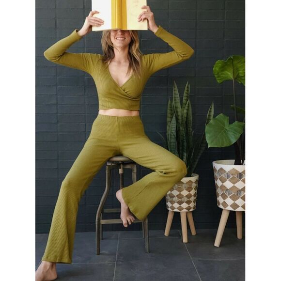 Cosabella Aloe chartruese green Britt ribbed cotton crop top flare pants set - Picture 10 of 10